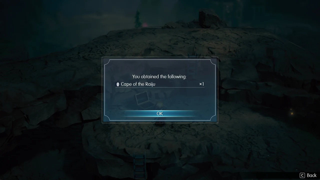 Item dialog confirming one Cape of the Raiju obtained, with OK highlighted