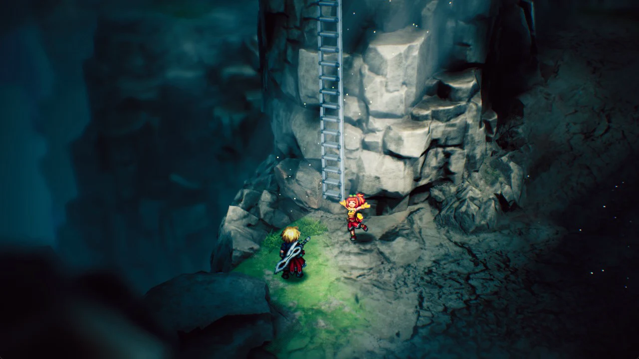 Party member standing beside the ladder on the rock pillar inside the Mt. Thunderclap cave