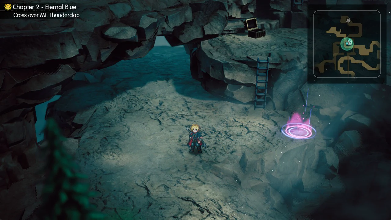 Character walking toward the glowing purple save circle on Mt. Thunderclap in Chapter 2