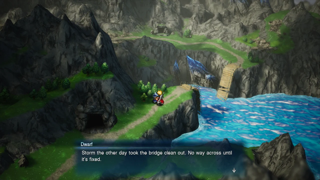 Dwarf's dialogue box explaining that a storm destroyed the river bridge