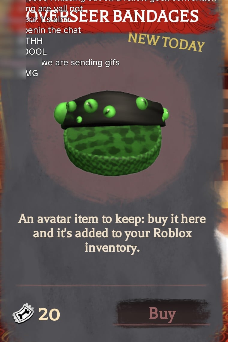 Overseer Bandages shop card in The Hollow, tagged NEW TODAY, 20 tickets, with a Buy button