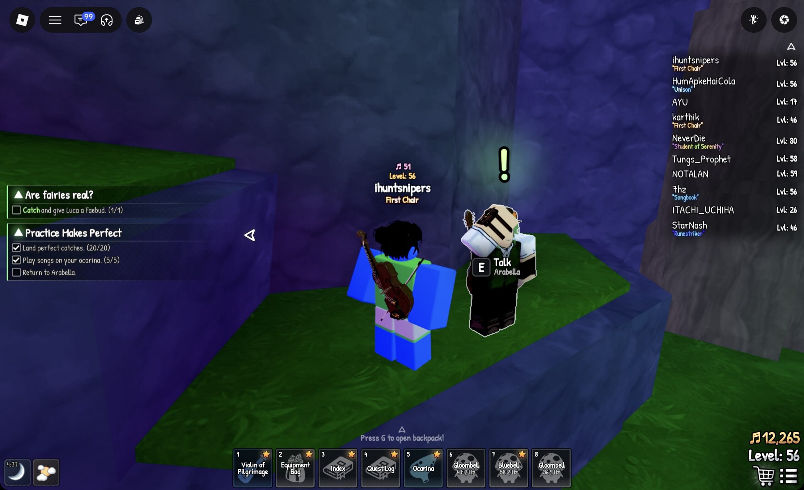 The E Talk prompt on Arabella in Songkeeper's Grove with the Practice Makes Perfect objectives in the quest tracker