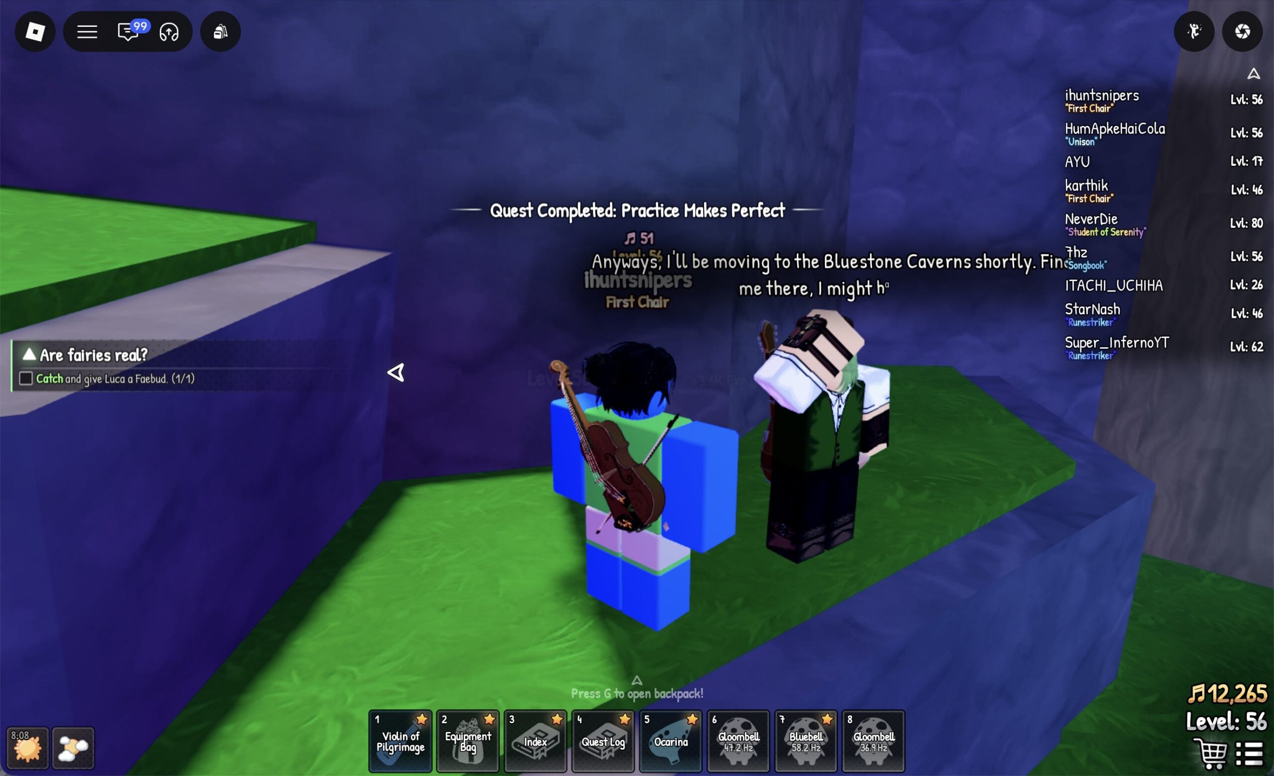 Quest Completed: Practice Makes Perfect banner while Arabella says she is moving to the Bluestone Caverns