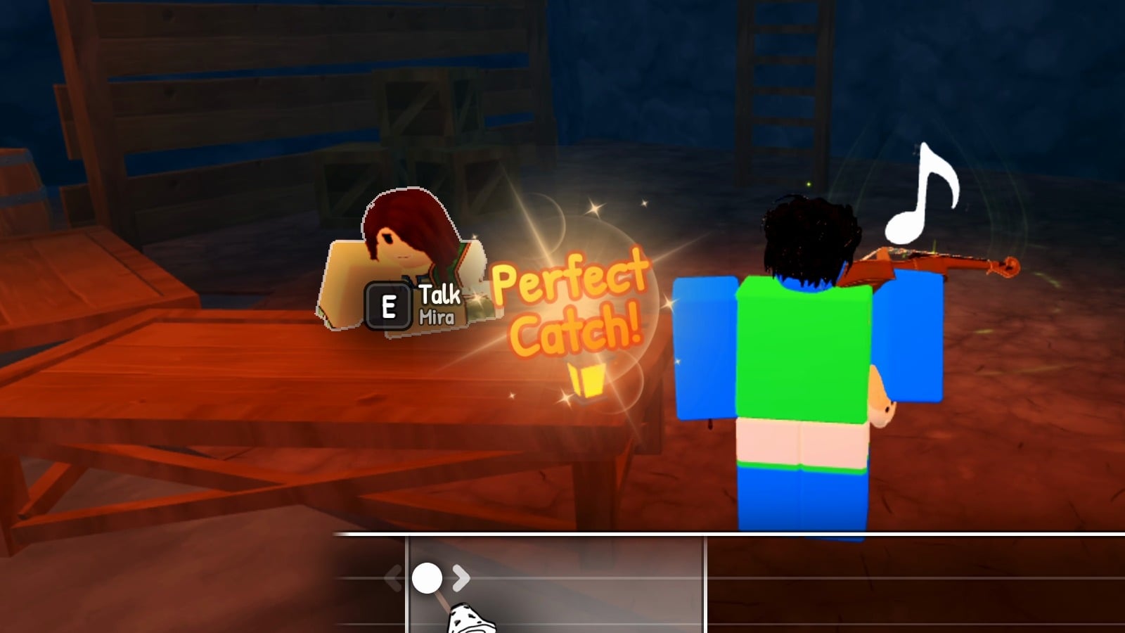 Orange Perfect Catch! text popping up beside the character at the end of a catch in SCROOMS