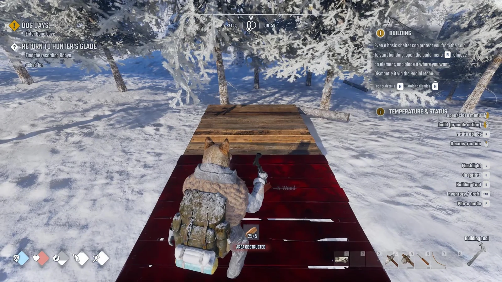 Character stands on a red floor preview in a snowy forest with an AREA OBSTRUCTED warning next to a built wooden floor.