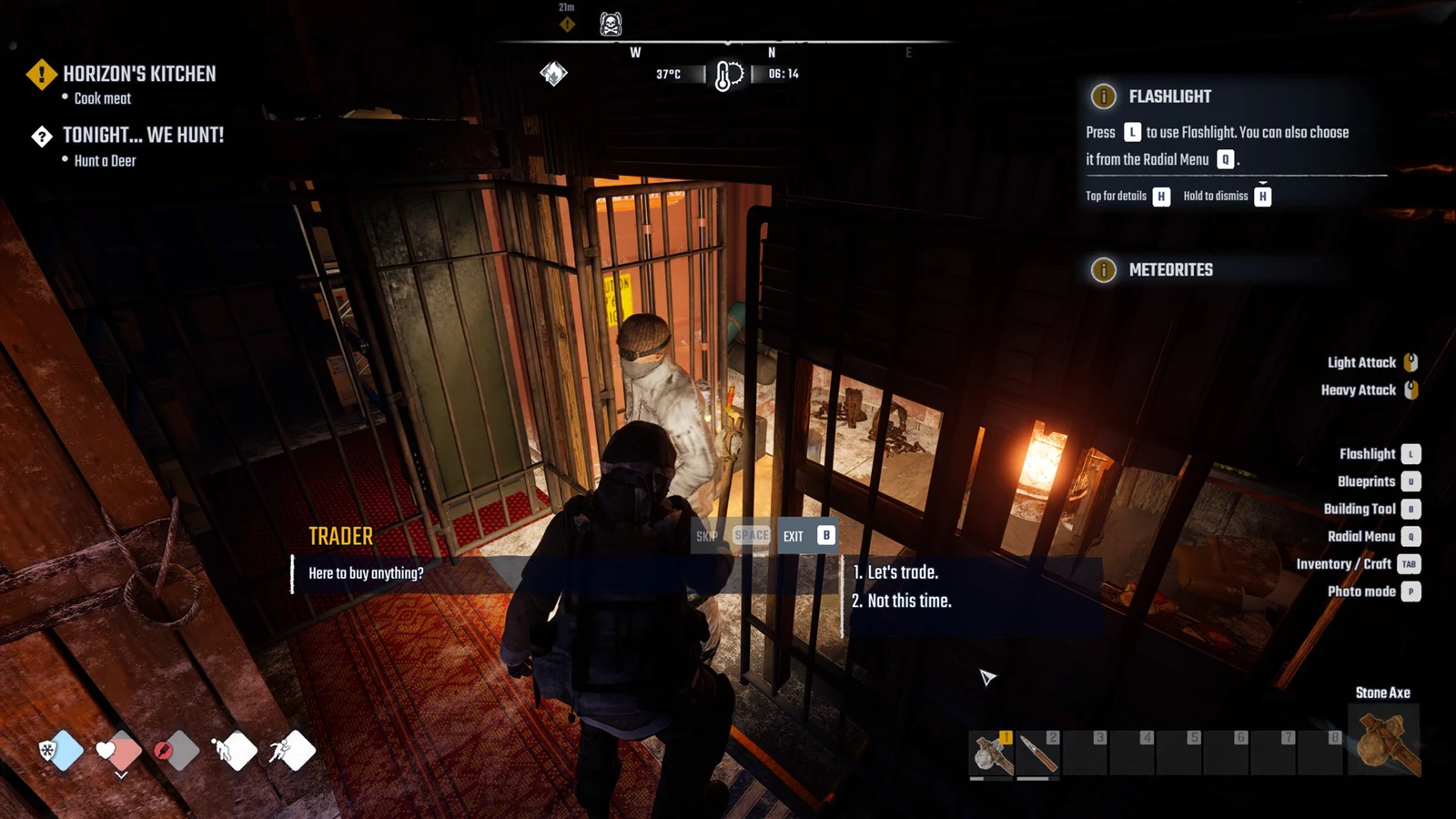 Player in a dim cage-walled room faces a masked trader, with a dialogue prompt, quest tracker and flashlight tip on screen.