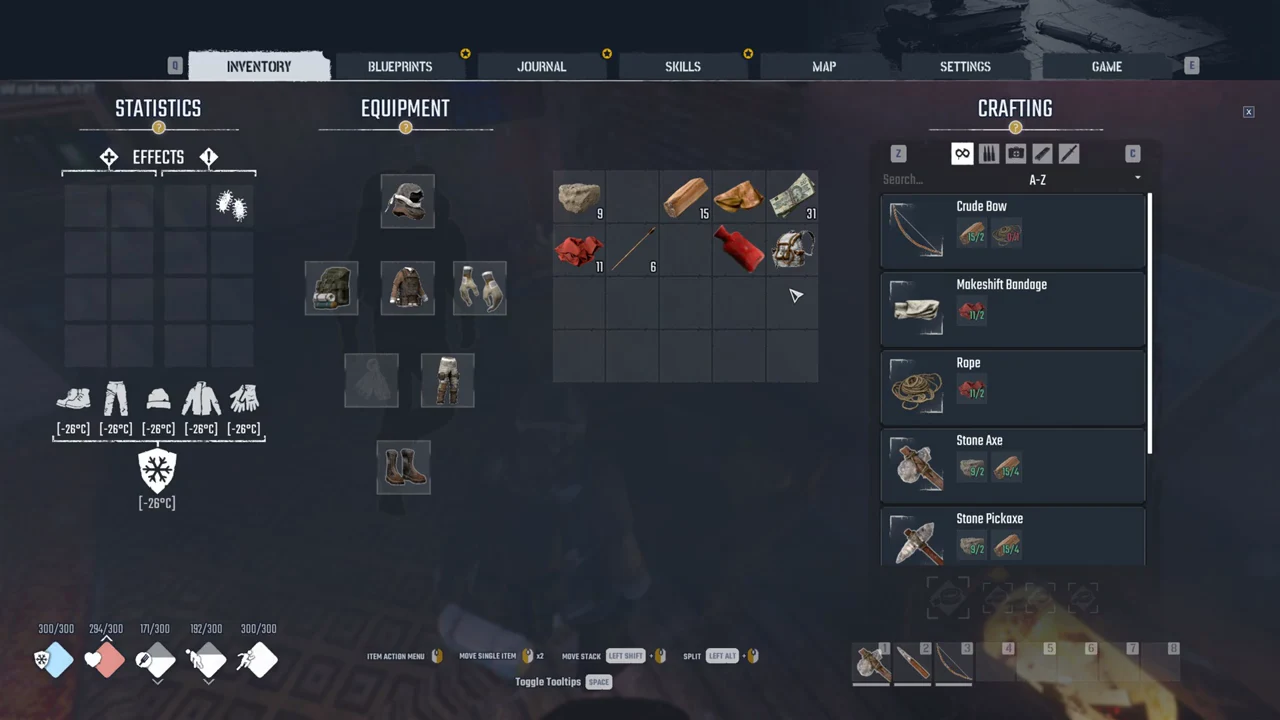Permafrost inventory screen showing the Crafting panel with Crude Bow, Makeshift Bandage and Rope recipes