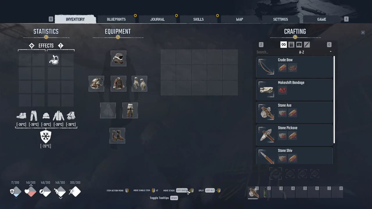 Permafrost Crafting panel listing Crude Bow, Makeshift Bandage, Stone Axe, Stone Pickaxe and Stone Shiv recipes