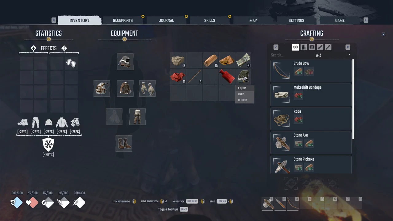 Permafrost inventory with the right-click action menu open on a backpack, showing Equip, Drop and Destroy