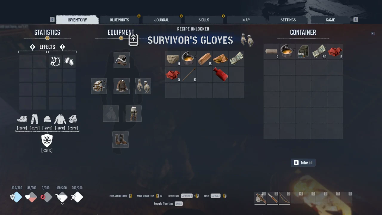 Permafrost container panel open with R Take all and a Survivor's Gloves recipe unlock notification