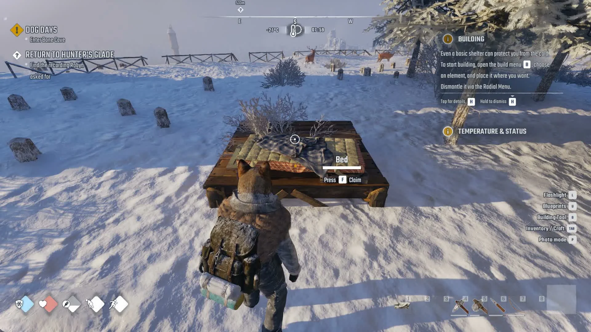 A Bed on a Wooden Foundation in the snow with the prompt Bed, Press F Claim