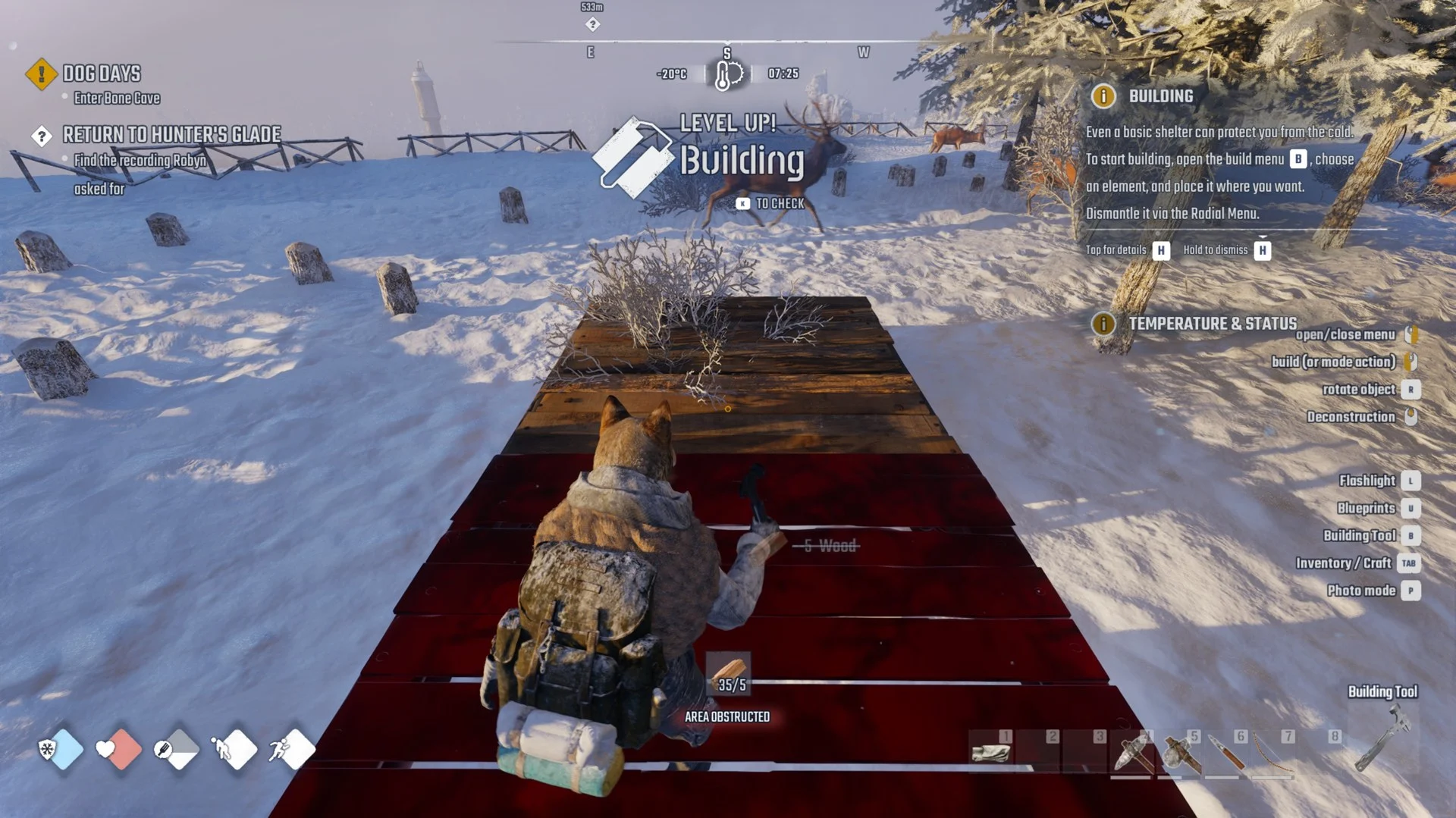 A built Wooden Foundation on the snow with the banner LEVEL UP! Building and a red second preview reading AREA OBSTRUCTED