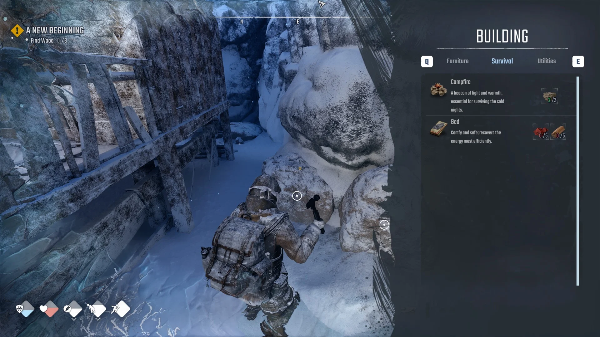 BUILDING panel open on the Survival tab listing Campfire and Bed with their costs