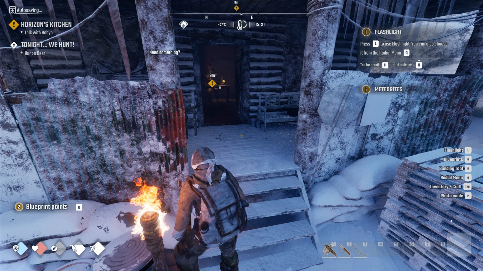 A survivor at the snowy porch steps of a log cabin in Horizon by day, a fire basket burning beside the path