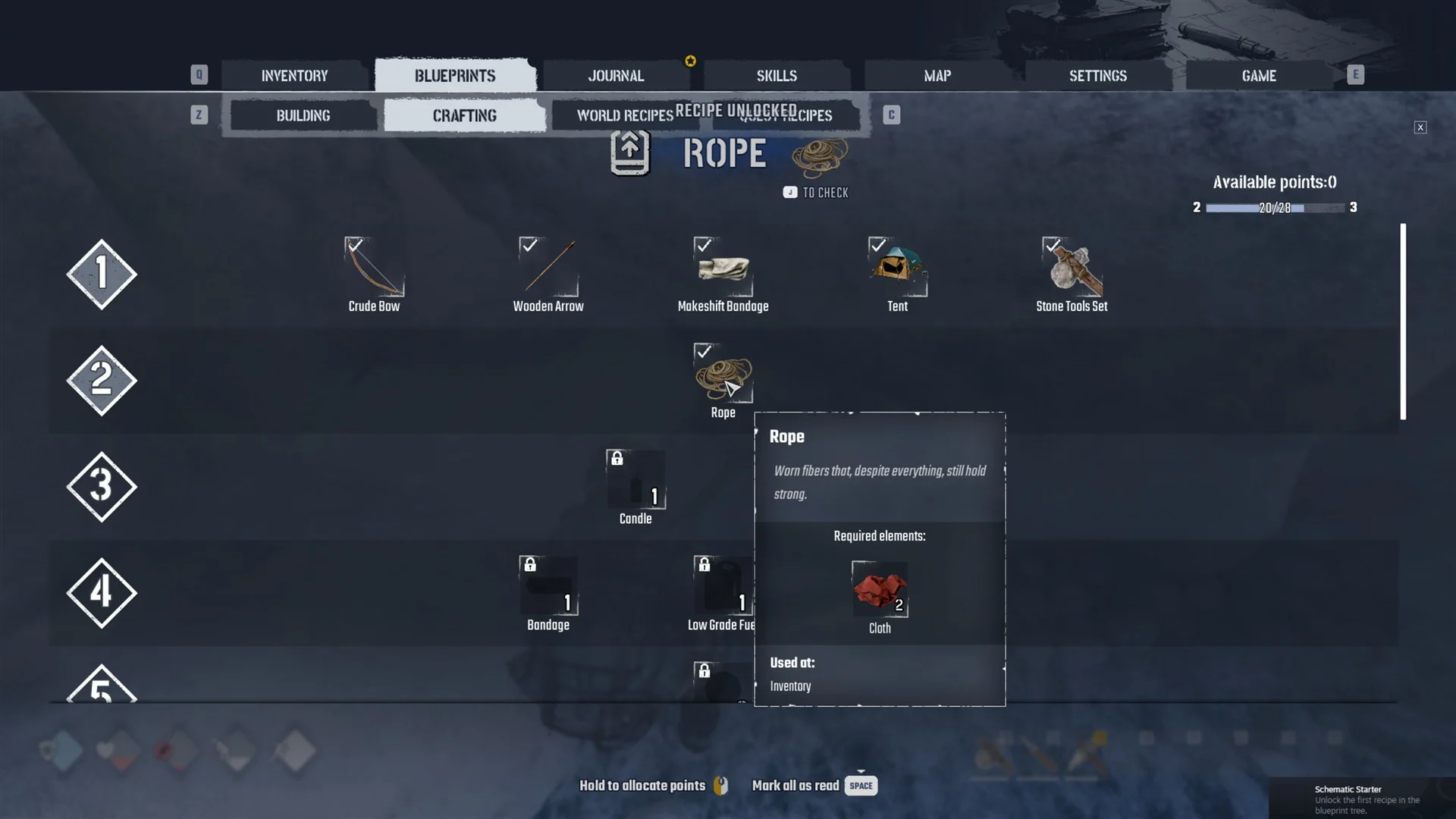 Blueprints CRAFTING page with the Rope card open, listing Cloth under Required elements and Inventory under Used at