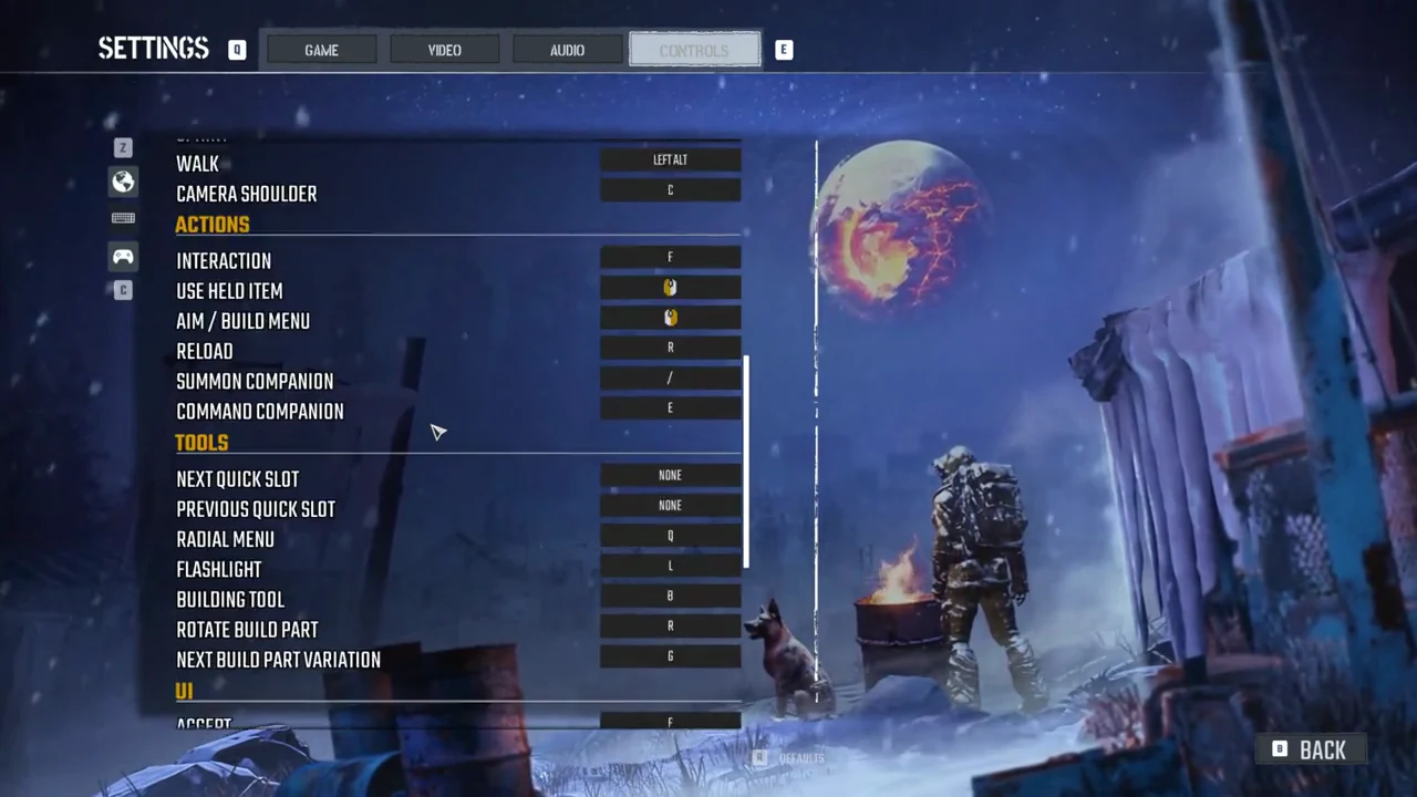 Permafrost keyboard bindings for Interaction, Reload and the building tools