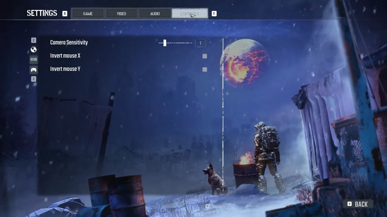 Permafrost Controls tab showing the Camera Sensitivity slider and Invert mouse X and Y toggles