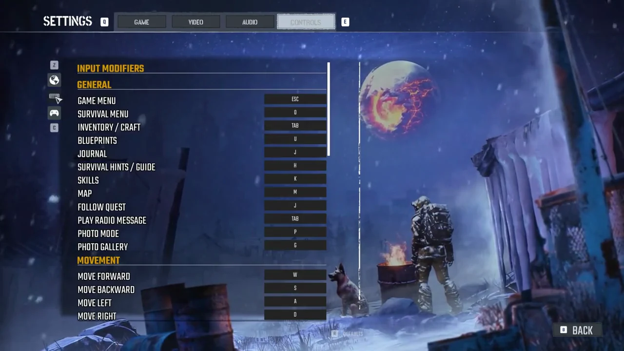 Permafrost keyboard bindings list showing General shortcuts and the start of the Movement keys