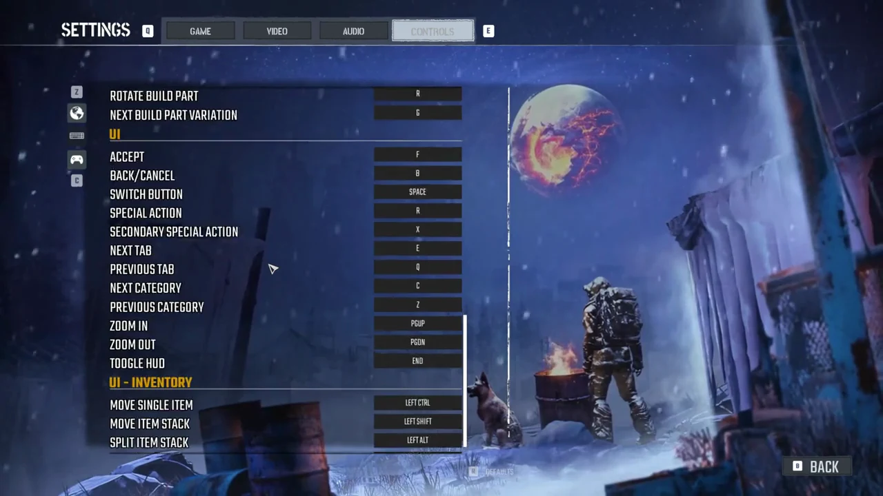 Permafrost Controls tab scrolled to the UI and inventory keybindings