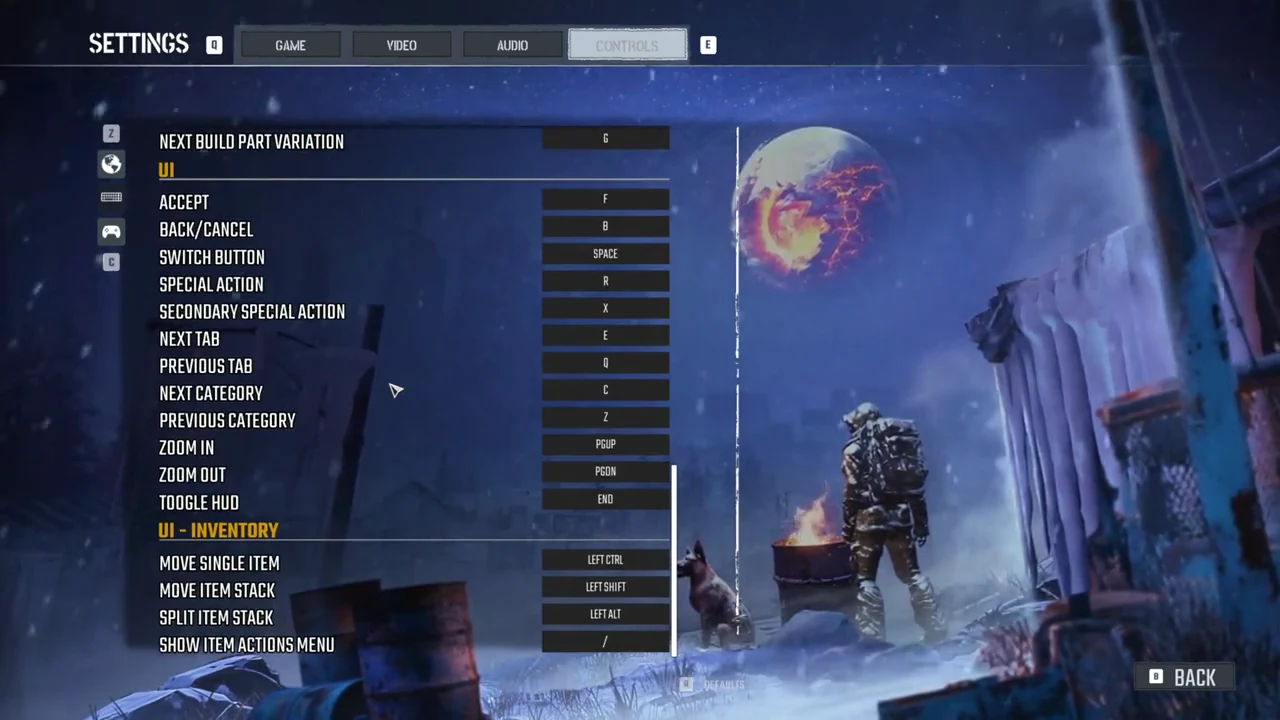 Permafrost Controls tab showing the UI keybindings section