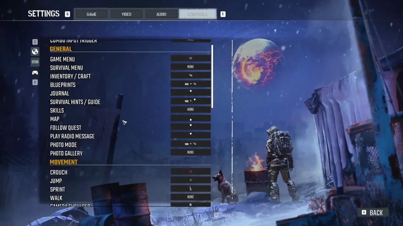 Permafrost Controls tab showing the General and Movement binding list