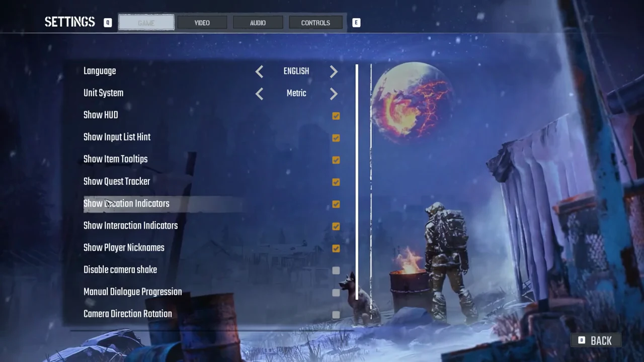 Permafrost Settings screen on the Game tab with the Show Location Indicators option checked
