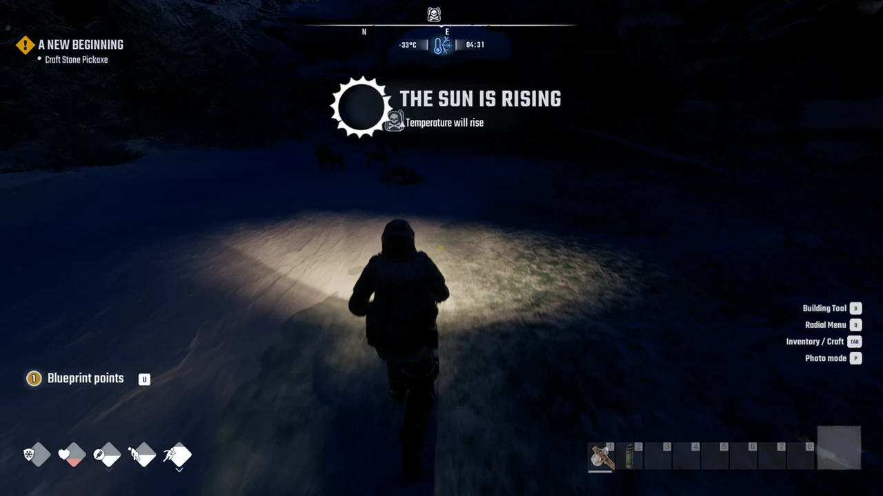 Night scene lit by a flashlight under the banner THE SUN IS RISING, with the clock at 04:31