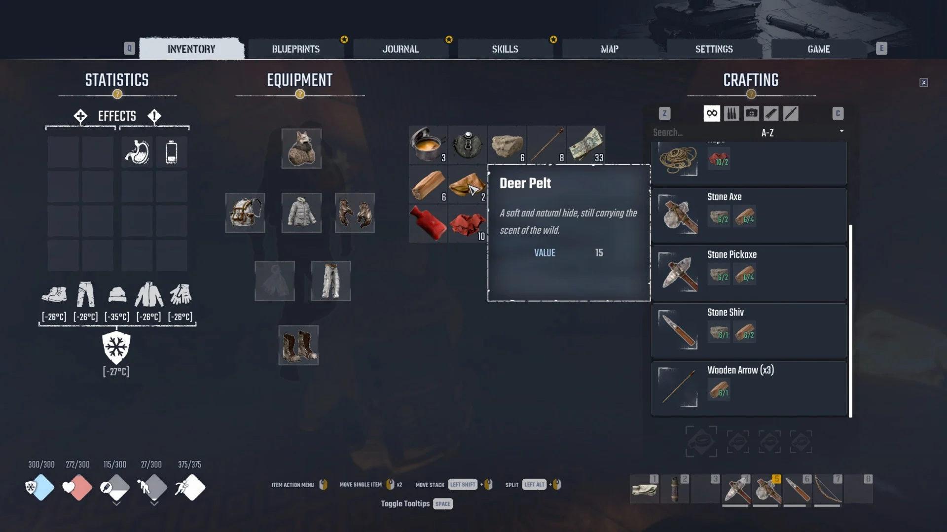 Inventory with the Deer Pelt tooltip showing VALUE 15