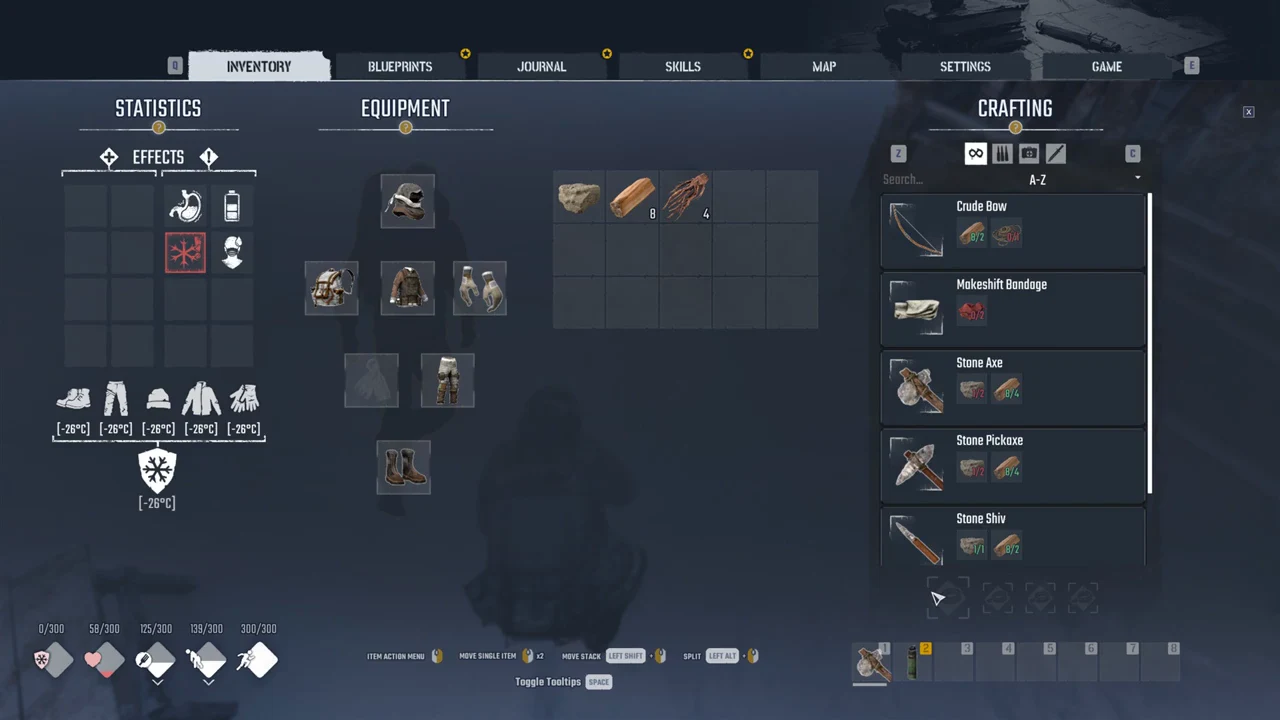 Inventory open to the Crafting tab showing a recipe and its required materials and character stats