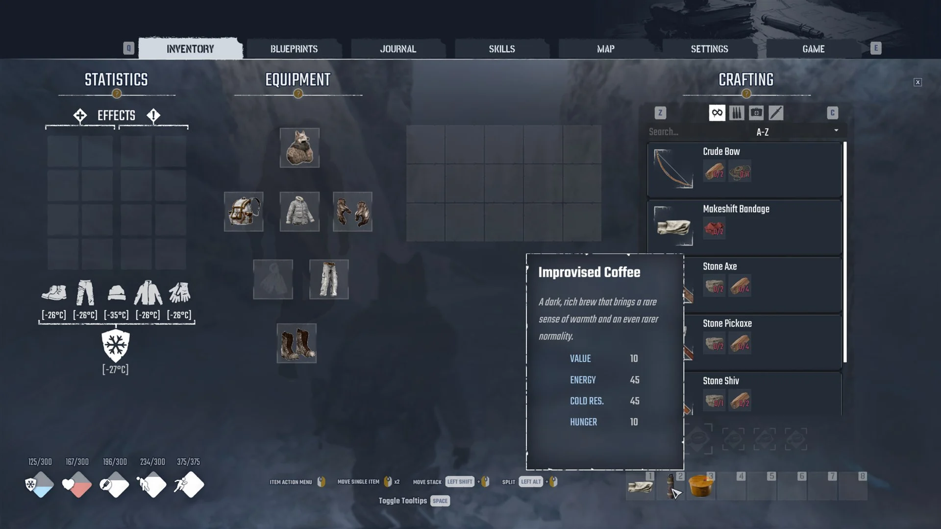 Inventory with the Improvised Coffee tooltip: ENERGY 45, COLD RES. 45, HUNGER 10