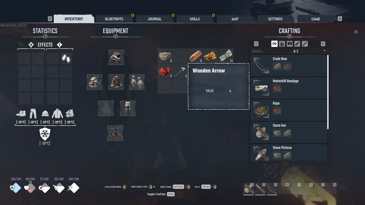 Inventory screen with a Wooden Arrow stack hovered, showing its tooltip and value next to the Crafting list