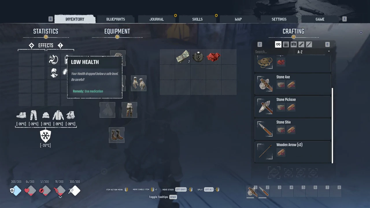Inventory Crafting panel open on the full recipe list while selecting an item to craft