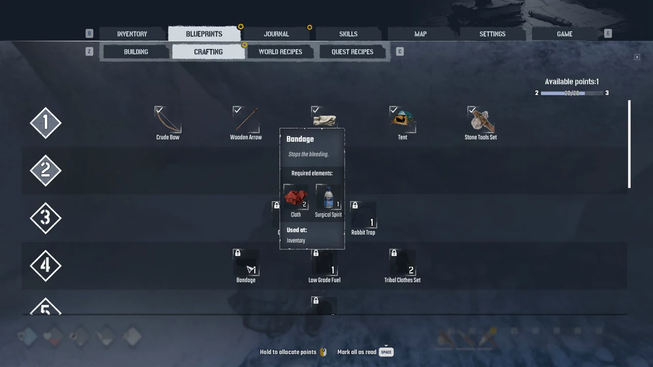 Blueprints Crafting page with the Bandage recipe highlighted, showing Cloth and Surgical Spirit requirements