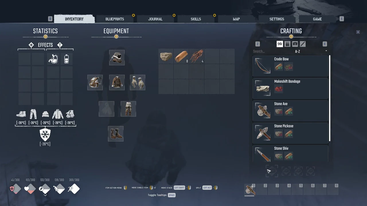 Inventory Crafting panel open, browsing recipes including Crude Bow and Stone Axe