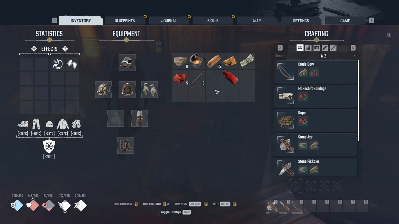 Crafting panel showing the Stone Axe recipe and its required materials while browsing craftable items