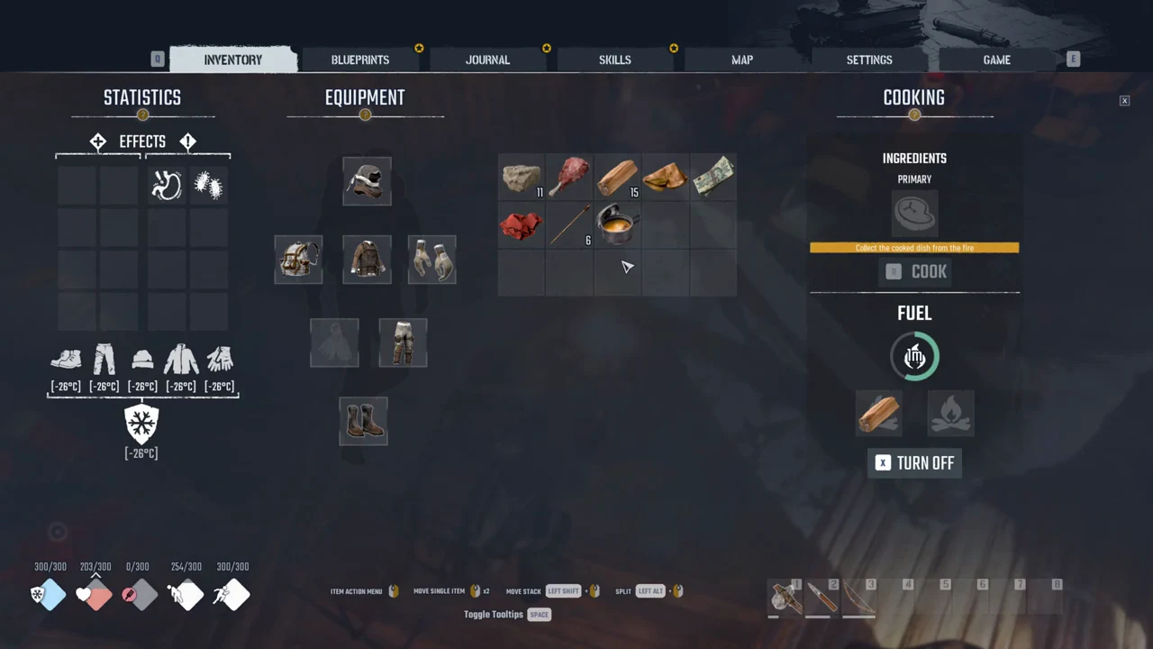 Cooking panel on a fueled fire with the prompt to collect the cooked dish