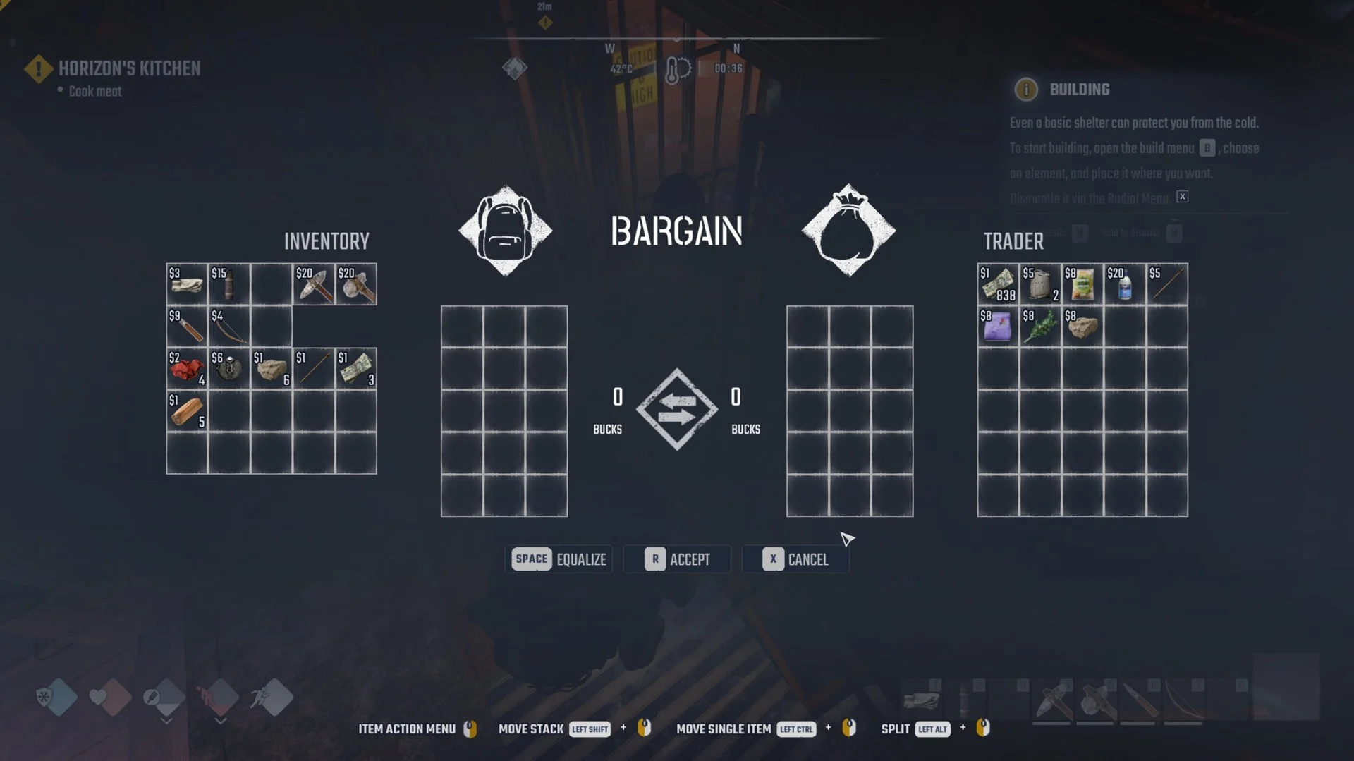BARGAIN screen with the Horizon trader's shelf on Story and 838 Bucks