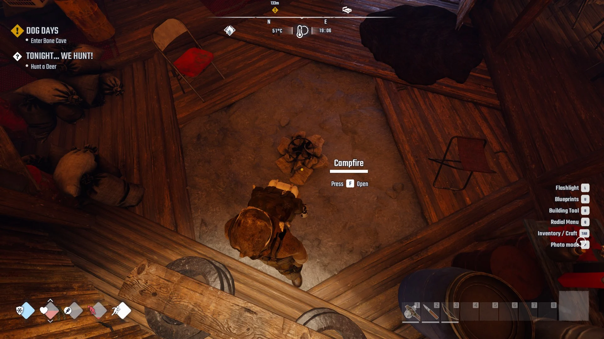 The Campfire on the kitchen floor seen from above with the prompt Campfire, Press F Open
