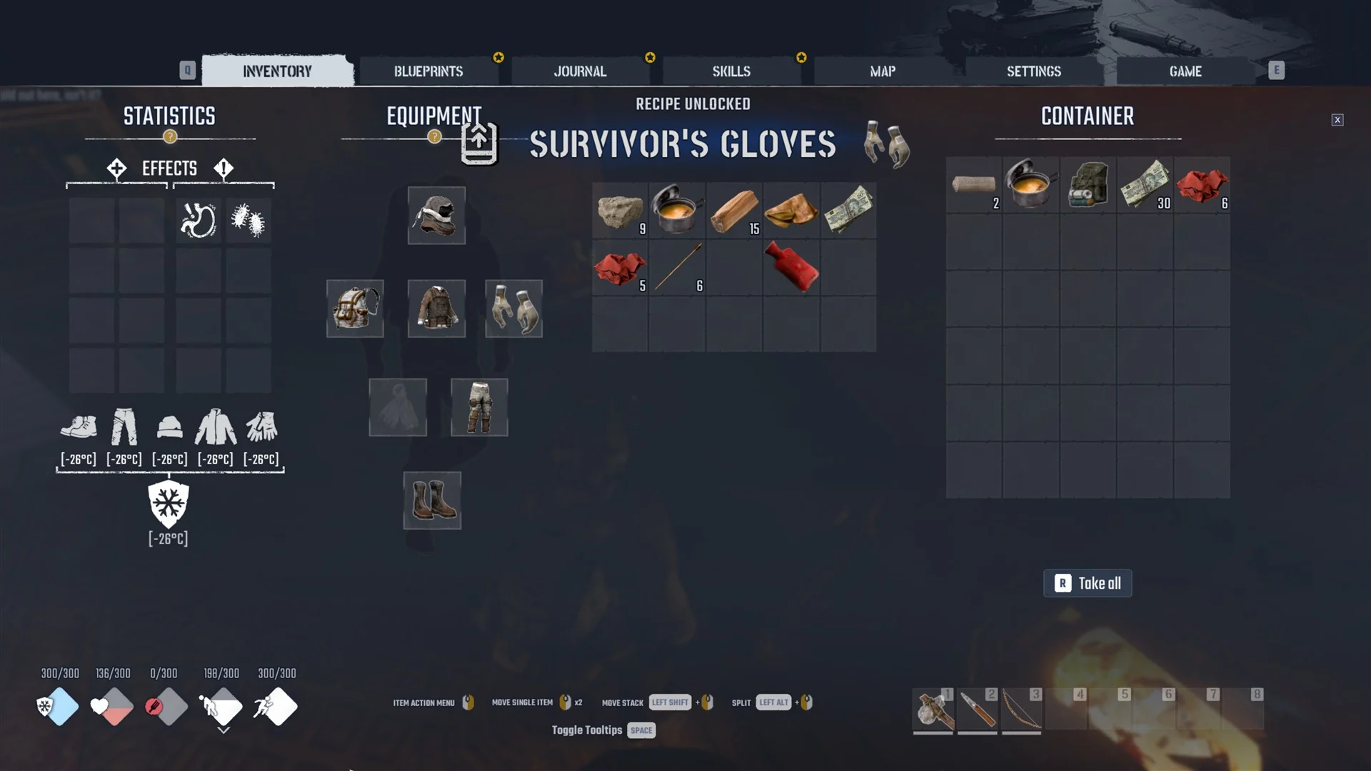 Container panel of the quest reward box with the banner RECIPE UNLOCKED: SURVIVOR'S GLOVES