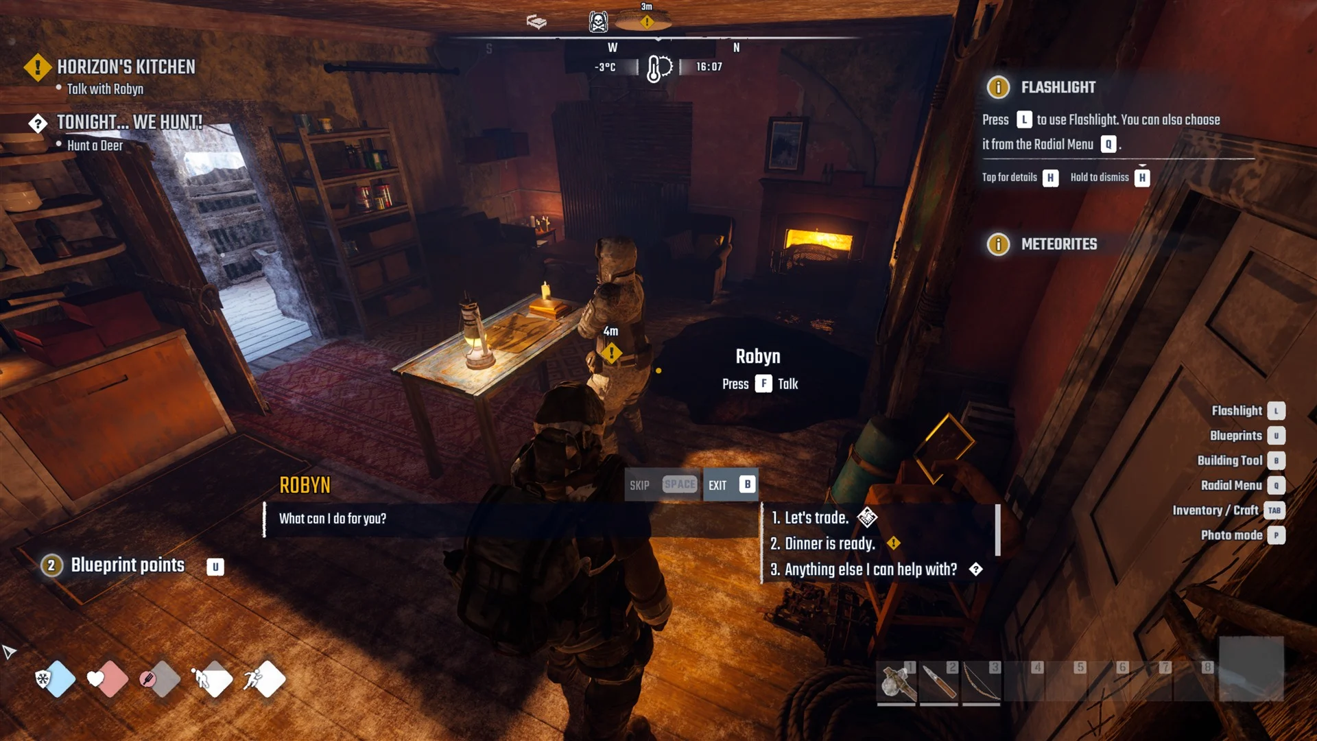 Robyn in her cabin with the dialogue options Let's trade, Dinner is ready and Anything else I can help with