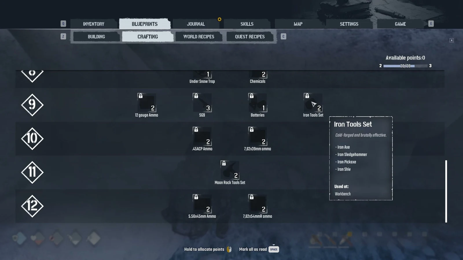Permafrost Blueprints menu with a tooltip for Iron Tools Set listing four iron tools and the Workbench.