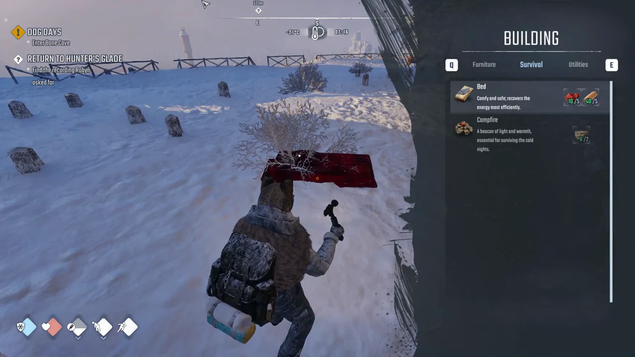 Red Bed placement preview sitting on snow in the Permafrost build menu
