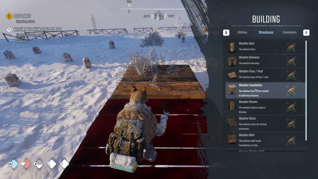 Wooden Foundation highlighted in the Structures tab of the Permafrost build menu