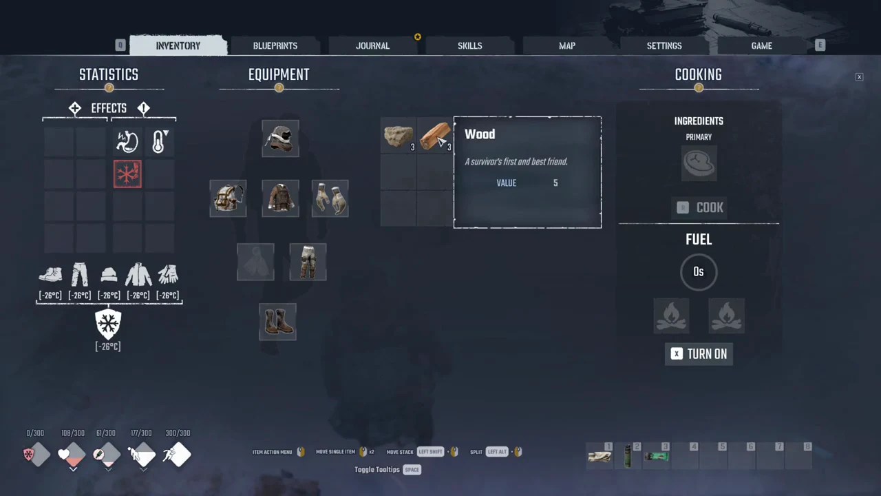 Inventory screen with Wood selected and its details shown beside the Cooking panel