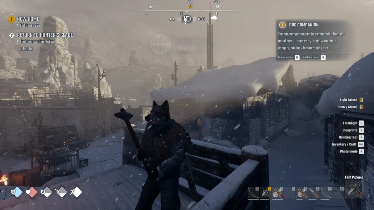 Arrival on a wooden platform at Horizon with the dog companion tutorial panel open