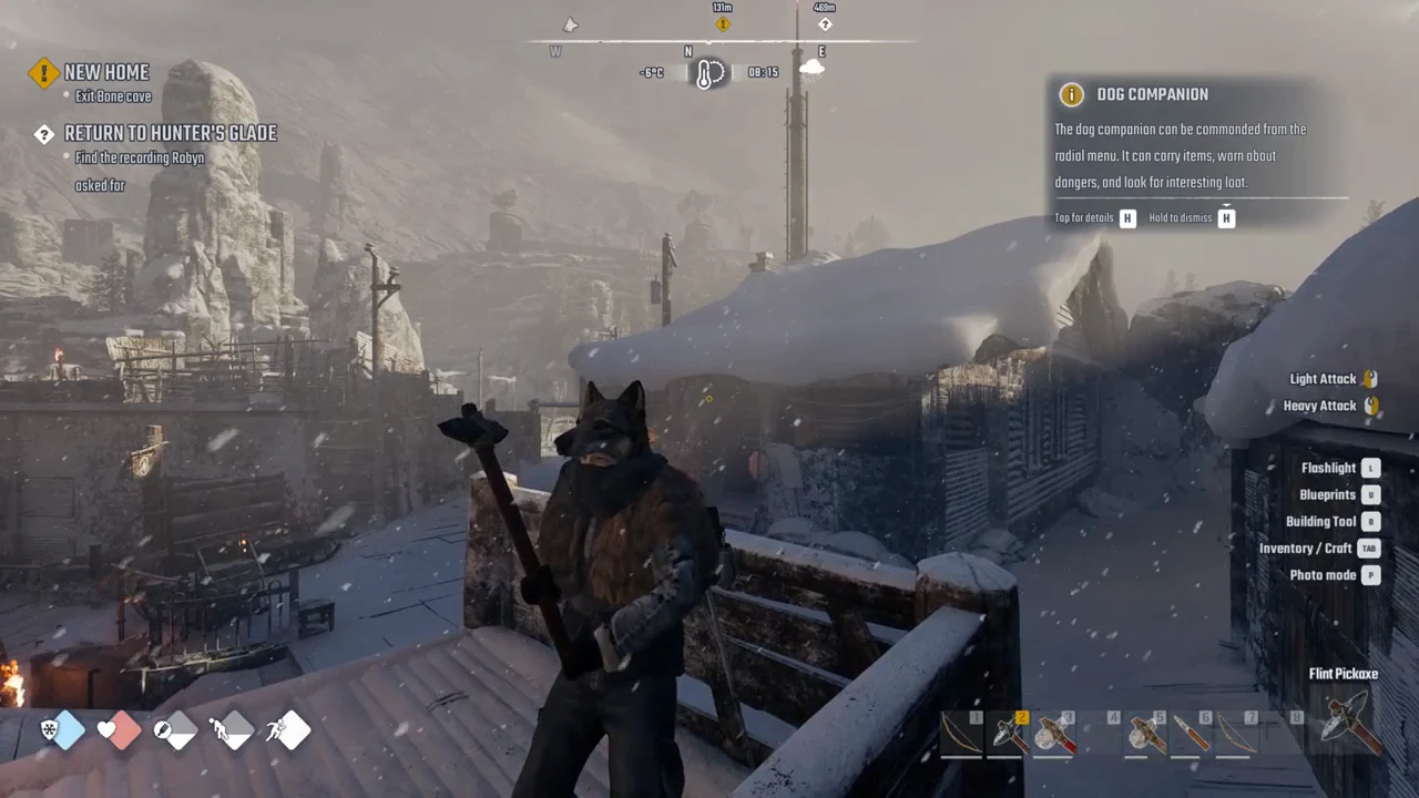 Standing in the snowy Horizon settlement holding the Flint Pickaxe with the companion panel open
