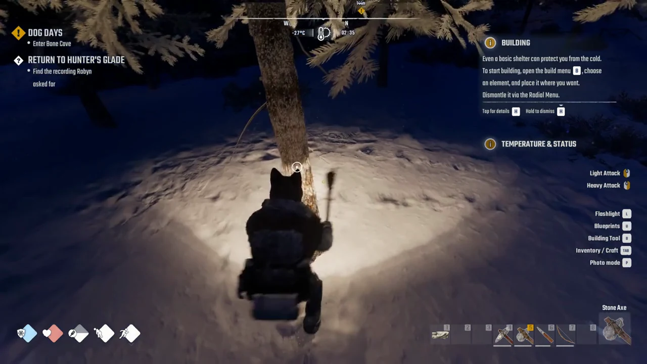 Stone Axe aimed at a standing pine in the snow, ready for the first light attack