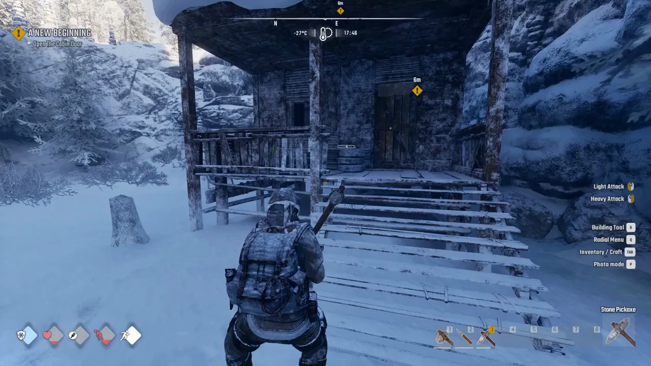 Yellow quest marker over the cabin door during the A New Beginning objective
