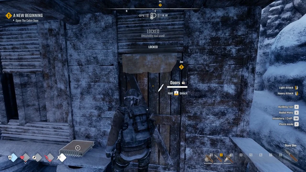 The Doors prompt at the cabin while holding F to unlock with a knife