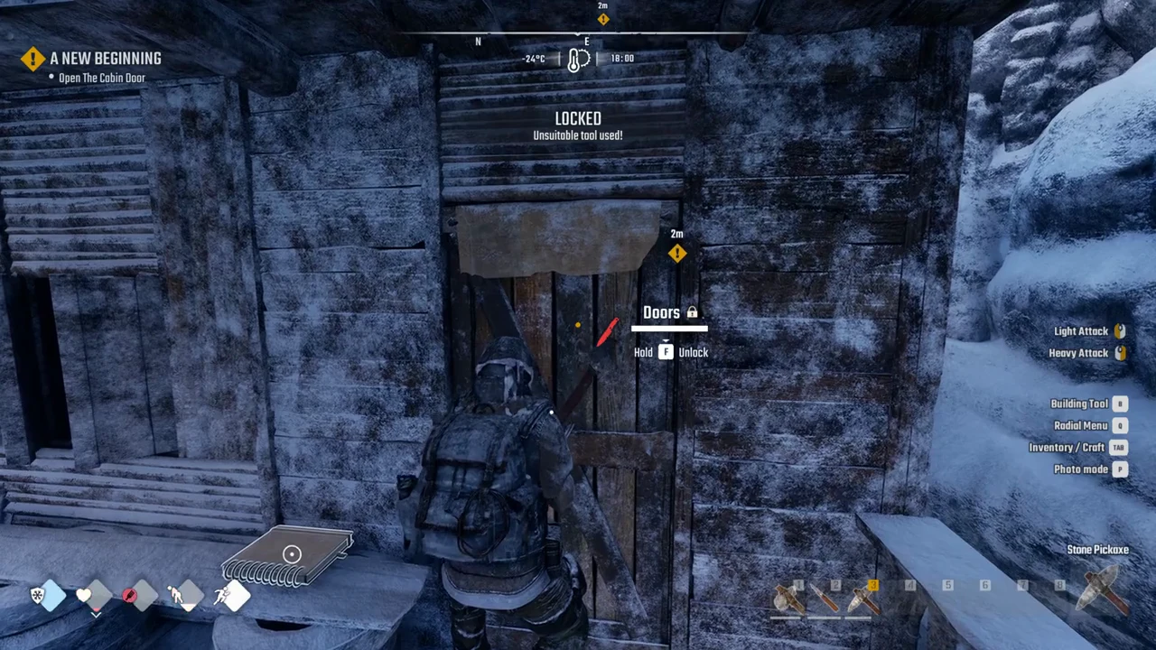 The Hold F Unlock prompt failing because a stone pickaxe is equipped